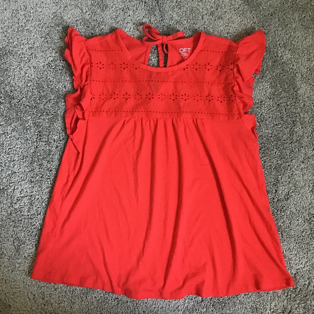 Loft Outlet Short Sleeve top with ruffle and eyelet details geranium scarlet red